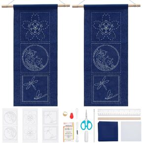Webeedy 2 مجموعات SASHIKO KIT SASHIKO WALL SICK TICK JAPANES TRALKING TRALKING TRADIAL مع قالب نمط الأزهار SASHIKO وتعليمات للمبتدئين البالغين (أزهار الكرز ، اليعسوب ، نمط الموجة)
