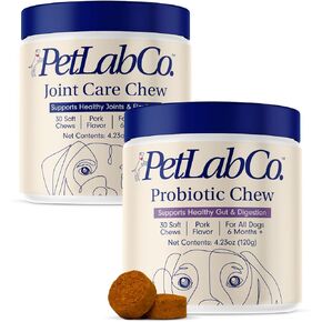 Petlab Co. - حزمة Mobility & Gut Health: الكلاب بروبيوتيك لصحة الأمعاء ، وإنتاج الخميرة الصحية ، والحساسية الموسمية 30 ملحقًا وملحقًا مشتركًا للكلاب التي تدعم التنقل والتصلب العرضي
