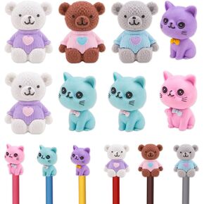 ZORZA 8Pcs 3D Cat and Bear Pencil Top Erasers Creative Pencil Eraser Tops Animal Pet Eraser Caps Fun Mini Pencil Top Erasers Ideal for School Supplies Classroom Prizes & Party Gifts