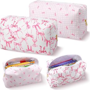 SHERR 2 Pack Coquette Pink Bow Corduroy Pencil Pouch Bas Cute Bow Makeup Bag for Women Soft Quilted Pencil Case Kawaii Pen Box bag for Women Office