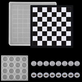 2Pcs Silicone Molds Set (1x Checker Silicone Mold + 1x Checker Board Mold) for DIY 3D Checker Game Board Chess Pieces Making Epoxy Resin Casting Mold
