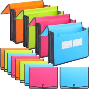 12 Pack Plastic Expanding File Folder Document Organizer 3.5" Expansion A4 Letter Size Colorful Document Folder with Elastic Cord and Button Closure for Home Office Organization School