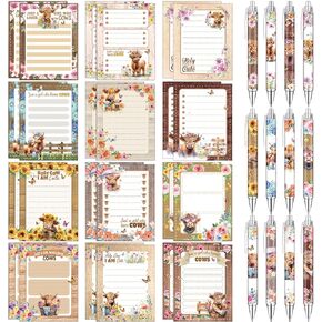 Eaasty 48 Pcs Highland Cow Gifts Bulk Spring Flower Floral Cow Notepad with Pens 24 Notebook 24 Ballpoint Pen for Women Students School Meeting Office Supplies Party Favors Exchange Gifts
