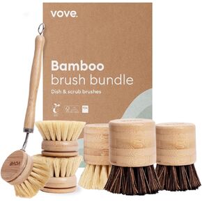 Vove | Bamboo Dish Brush | Long Lasting Brush with 3 Replacement Heads | Natural Bristle | Eco-Friendly | Wooden Dish Brush for Washing and Cleaning Pot Pan Dish Bowl |