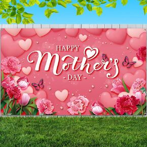 Moukeren Happy Mother's Day Banner 72.8 × 43.3 بوصة زهور حمراء أمهات الأمهات الخلفية الكبيرة الدعائم الدعائم العريضة ديكورات الحفلات الفوتوغرافية صور استوديو فوتوغرافية لعيد الأم