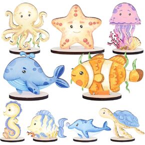 تحت زخارف حفلة البحر - 9pcs Sea Aniamls قطع مركزية للطاولات الخشبية اللطيفة اللطيفة حوت المحيط مائدة مركبة مركزية تحت البحر لوازم ديكور عيد ميلاد البحر