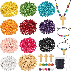 Nbeads 1000pcs 10 ألوان مجموعة مجوهرات صنع المجوهرات ، بما في ذلك حبات الخشب الخشبية الصليب المعلقات مع إبرة الديكور وخيط القطن DIY قلادة الحرفة قرط المجوهرات
