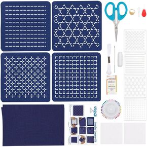 ORIGACH 4 Pcs Sashiko Template Coaster kit for Beginners Adults, All-in-one Sashiko Kit with Acrylic Sashiko Stencil, Needle, Thread, Cloth Instuction Accessories for DIY Coaster