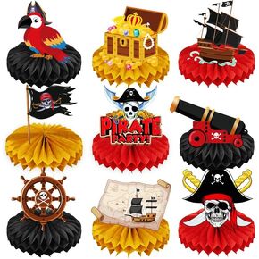 9 أجهزة كمبيوتر Pirate Party Party Decorations Honeycomb Concrate Table Decoration Pirate Ship Captain Hat Parrot Treasure Map Skull Cake Topper Nautical Decor