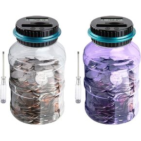 BANK BAND BAND كبيرة للأولاد البالغين ، VCERTCPL 2PCS COON CONTING BANK مع LCD Counter ، 1.8L COTERS COIN BANK JAR للبالغين ، المصممة لجميع العملات المعدنية الأمريكية (الأزرق الأرجواني)