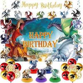 Dragon Birthday Party Decorations 27Pcs Black Gold Dragon Knight Party Supplies with Wings of Fire Birthday Banner Backdrop Honeycomb Topper Hanging Swirls Balloons for Kids Dinosaur Decor (Blue)