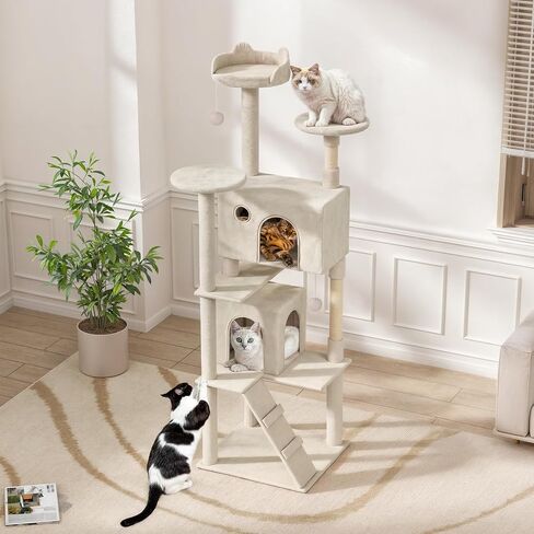 Magshion Cat Tree 55 "Tower Cats للقطط الداخلية ، شقة Cat متعددة المستويات مع منشور الخدش ، أعلى جثم ، لوحة سيسال ، كرة متدلية ، منصة القفزات القطط للقطط القطط (Beige) in Kuwait