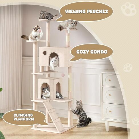 Magshion Cat Tree 55 "Tower Cats للقطط الداخلية ، شقة Cat متعددة المستويات مع منشور الخدش ، أعلى جثم ، لوحة سيسال ، كرة متدلية ، منصة القفزات القطط للقطط القطط (Beige) in Kuwait