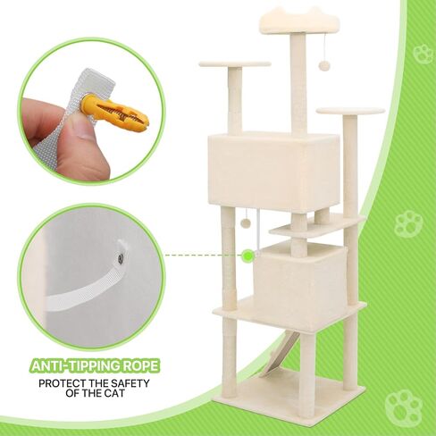Magshion Cat Tree 55 "Tower Cats للقطط الداخلية ، شقة Cat متعددة المستويات مع منشور الخدش ، أعلى جثم ، لوحة سيسال ، كرة متدلية ، منصة القفزات القطط للقطط القطط (Beige) in Kuwait