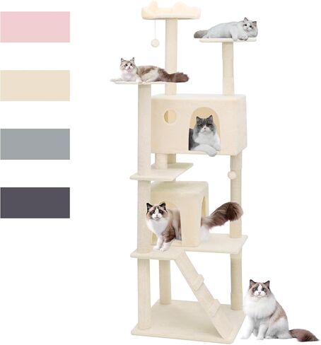 Magshion Cat Tree 55 "Tower Cats للقطط الداخلية ، شقة Cat متعددة المستويات مع منشور الخدش ، أعلى جثم ، لوحة سيسال ، كرة متدلية ، منصة القفزات القطط للقطط القطط (Beige) in Kuwait
