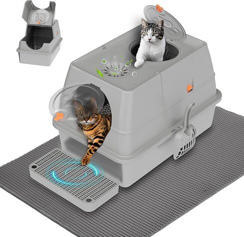 Citylife Stainless Steel Litter Box with Lid XL Large Enclosed Metal Box Anti-Leakagecat Litter Box Stainless Steel Includes Scoop, Mat, Odor Control Easy Cleaning, Dark Grey in Saudi Arabia