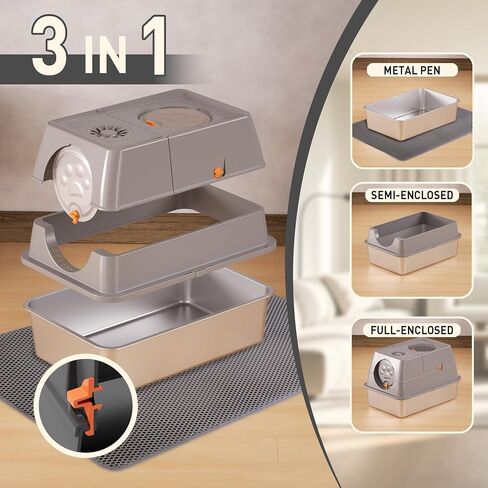 Citylife Stainless Steel Litter Box with Lid XL Large Enclosed Metal Box Anti-Leakagecat Litter Box Stainless Steel Includes Scoop, Mat, Odor Control Easy Cleaning, Dark Grey in Saudi Arabia
