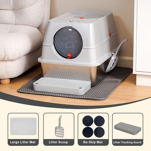 Citylife Stainless Steel Litter Box with Lid XL Large Enclosed Metal Box Anti-Leakagecat Litter Box Stainless Steel Includes Scoop, Mat, Odor Control Easy Cleaning, Dark Grey in Saudi Arabia