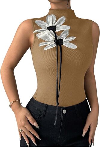 MakeMeChic Women's 3D Floral Mock Neck Tank Tops Sleeveless Tops Rib Knitted Summer Shirt in Saudi Arabia