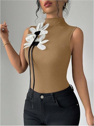 MakeMeChic Women's 3D Floral Mock Neck Tank Tops Sleeveless Tops Rib Knitted Summer Shirt in Saudi Arabia
