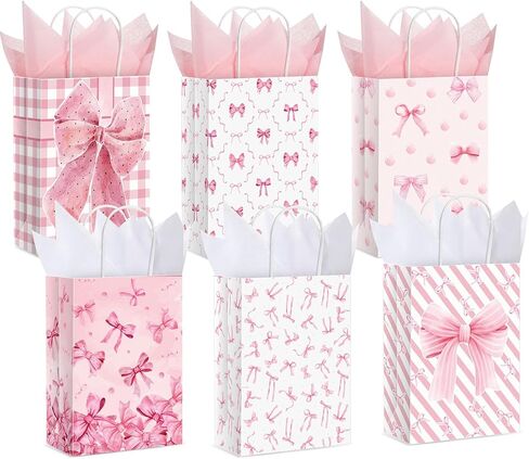 MotiMind 24 Pcs Paper Gift Bags with Tissue Papers Pink Bow Party Favor Bag with Handles 8.3 x 5.9 x 3.15 inch Goodie Treat Candy sack for Bachelorette Bridal Shower Wedding Birthday(White Pink) in Saudi Arabia