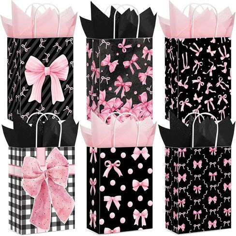 MotiMind 24 Pcs Paper Gift Bags with Tissue Papers Pink Bow Party Favor Bag with Handles 8.3 x 5.9 x 3.15 inch Goodie Treat Candy sack for Bachelorette Bridal Shower Wedding Birthday(White Pink) in Saudi Arabia