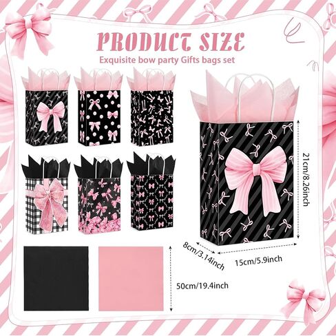 MotiMind 24 Pcs Paper Gift Bags with Tissue Papers Pink Bow Party Favor Bag with Handles 8.3 x 5.9 x 3.15 inch Goodie Treat Candy sack for Bachelorette Bridal Shower Wedding Birthday(White Pink) in Saudi Arabia