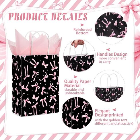 MotiMind 24 Pcs Paper Gift Bags with Tissue Papers Pink Bow Party Favor Bag with Handles 8.3 x 5.9 x 3.15 inch Goodie Treat Candy sack for Bachelorette Bridal Shower Wedding Birthday(White Pink) in Saudi Arabia