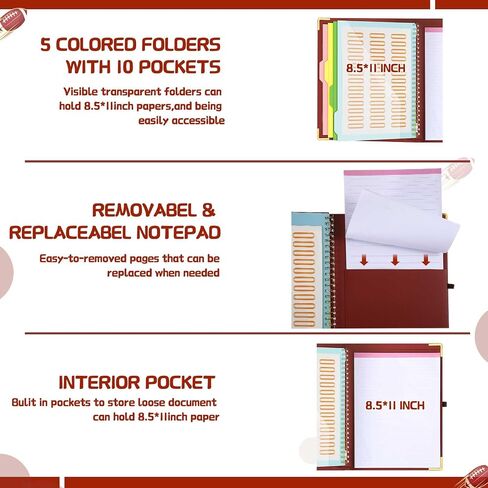 Epakh 1 Pack Football Clipboard Folio with Notepad Football Party Supplies Clipboard Folder with Storage Pocket 5 Tab Colorful Dividers 13" x 10" Football Clipfolio Party Favor for Office Home in Saudi Arabia