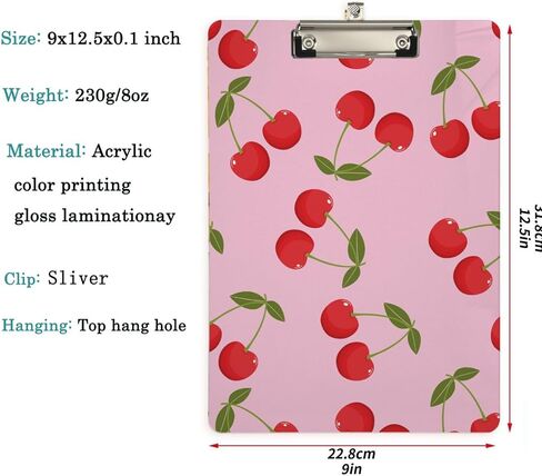 Fashion Acrylic Clipboards, Cute Cherry Sweet Pattern 12.5x9 Inch Standard Letter Size Sliver Low Profile Clip, Decorative Clip Board for Classrooms,Students, Doctor,Office, School, Nurses in Kuwait