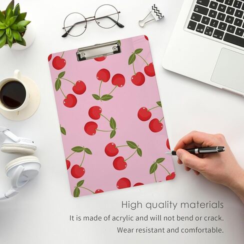 Fashion Acrylic Clipboards, Cute Cherry Sweet Pattern 12.5x9 Inch Standard Letter Size Sliver Low Profile Clip, Decorative Clip Board for Classrooms,Students, Doctor,Office, School, Nurses in Kuwait
