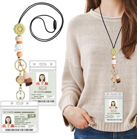 Retractable Lanyard for ID Badge and Key with 2 Waterproof Card Holder Teacher String with Badge Holder and Reel Silicone Beaded for Teacher Nurse Office School(Daisy) in Saudi Arabia