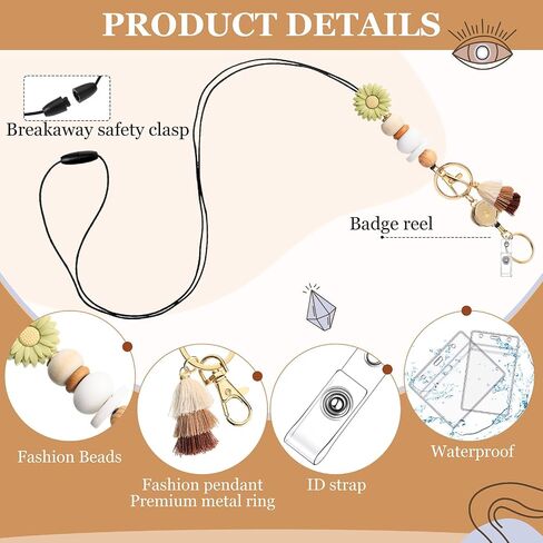 Retractable Lanyard for ID Badge and Key with 2 Waterproof Card Holder Teacher String with Badge Holder and Reel Silicone Beaded for Teacher Nurse Office School(Daisy) in Saudi Arabia