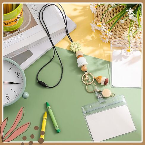 Retractable Lanyard for ID Badge and Key with 2 Waterproof Card Holder Teacher String with Badge Holder and Reel Silicone Beaded for Teacher Nurse Office School(Daisy) in Saudi Arabia