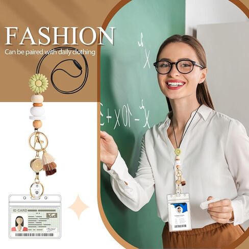 Retractable Lanyard for ID Badge and Key with 2 Waterproof Card Holder Teacher String with Badge Holder and Reel Silicone Beaded for Teacher Nurse Office School(Daisy) in Saudi Arabia