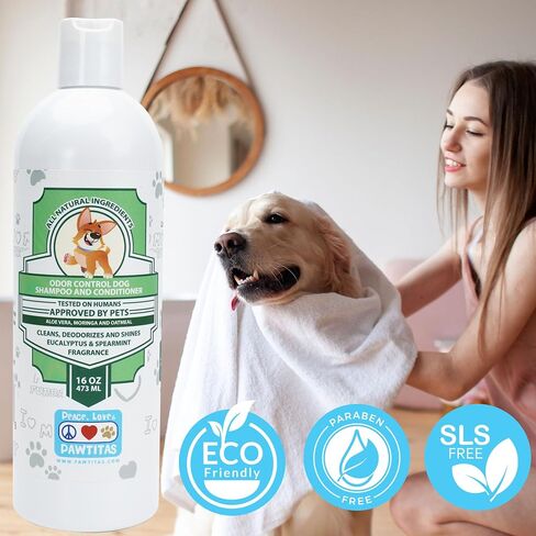 Pawtitas Dog Shampoo and Conditioner All Natural and Hypoallergenic Shampoo for Puppy Made with Certified Organic Natural Herbs Dog Conditioner - 16 Oz Dog Shampoo Made with Eucalyptus & Spearmint in Saudi Arabia