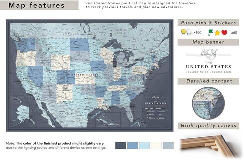 US Travel Map With Push Pins on Canvas - Travel Tracker and Wall Map for Home or Office - Mark States, Cities, and Natural Features to Celebrate Adventures - Ready to Hang - 40 x 30 |Pin Adventure Map in Saudi Arabia