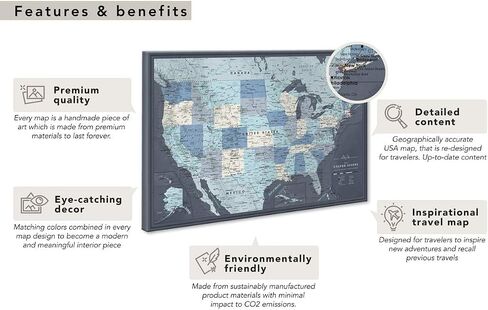 US Travel Map With Push Pins on Canvas - Travel Tracker and Wall Map for Home or Office - Mark States, Cities, and Natural Features to Celebrate Adventures - Ready to Hang - 40 x 30 |Pin Adventure Map in Saudi Arabia