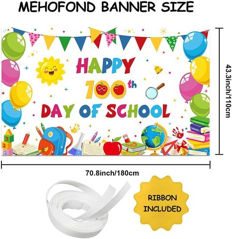 MEHOFOND 100th Day of School Backdrop Decorations 100 Days School Background Banner Happy 100th Day School Photography Props Photo for Kids School Classroom 100th Day of Party Supplies, 72.8 x 43.3 Inch in Saudi Arabia