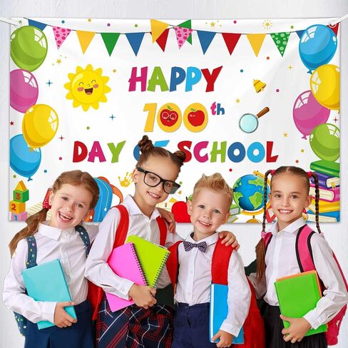 MEHOFOND 100th Day of School Backdrop Decorations 100 Days School Background Banner Happy 100th Day School Photography Props Photo for Kids School Classroom 100th Day of Party Supplies, 72.8 x 43.3 Inch in Saudi Arabia