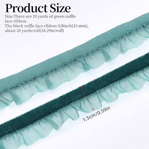 20 Yards Dark Green Ruffle Ribbon Trim Organza Ruffled Edge Ribbon Velvet Chiffon Lace Gathered Pleated Edging Trimming for Sewing Making Craft Gift Wrapping Wedding Christmas Decor Supply in Kuwait