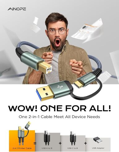 AINOPE Printer Cable to USB A, 480Mbps Printer USB B to USB C MIDI Cable in Kuwait