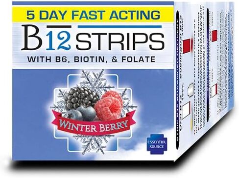 Essential Source Vitamin B12 Strips - Energy Supplement with 2000mcg of Methylcobalamin, B6, Folate & Biotin - Support Nerve & Brain Health, Stress Relief, Sleep - Winter Berry Flavor, 90 Day Supply in Saudi Arabia
