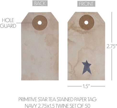 VHC Brands Patriotic Primitive Star Tea Stained Paper Tag Navy 2.75x1.5 w/Twine Set of 50, Independence Day Decor, Antique Tea Stain with Star, Distressed Appearance Paper Tag, Rectangle, Natural in Kuwait