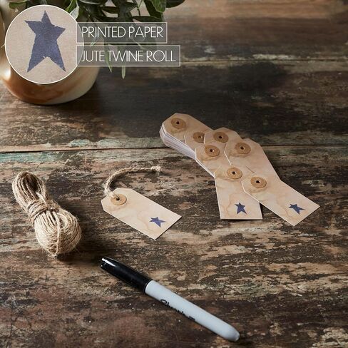 VHC Brands Patriotic Primitive Star Tea Stained Paper Tag Navy 2.75x1.5 w/Twine Set of 50, Independence Day Decor, Antique Tea Stain with Star, Distressed Appearance Paper Tag, Rectangle, Natural in Kuwait