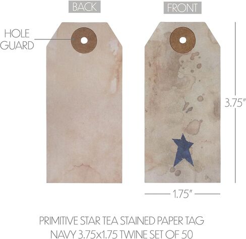 VHC Brands Patriotic Primitive Star Tea Stained Paper Tag Navy 2.75x1.5 w/Twine Set of 50, Independence Day Decor, Antique Tea Stain with Star, Distressed Appearance Paper Tag, Rectangle, Natural in Kuwait
