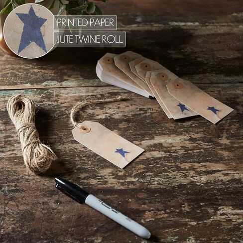 VHC Brands Patriotic Primitive Star Tea Stained Paper Tag Navy 2.75x1.5 w/Twine Set of 50, Independence Day Decor, Antique Tea Stain with Star, Distressed Appearance Paper Tag, Rectangle, Natural in Kuwait