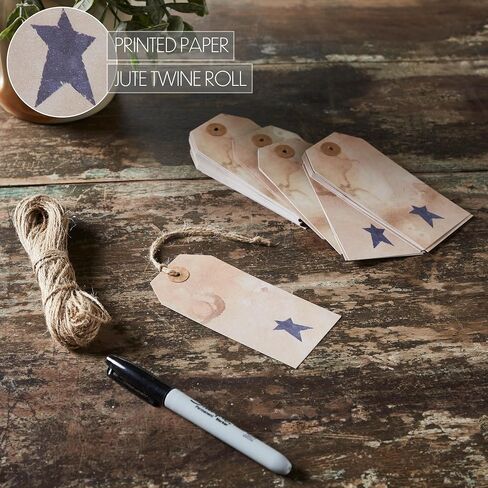 VHC Brands Patriotic Primitive Star Tea Stained Paper Tag Navy 2.75x1.5 w/Twine Set of 50, Independence Day Decor, Antique Tea Stain with Star, Distressed Appearance Paper Tag, Rectangle, Natural in Kuwait