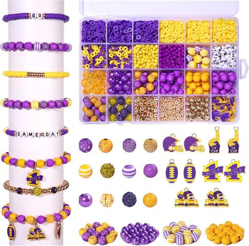Game Day Beads for Bracelets Making Kit Heishi Clay Pearl Letter Assorted Round Bead Gold Spacer Beads Football Charms for DIY Bracelets Necklace Jewelry Making (Purple Yellow Game Day Kit) in Kuwait
