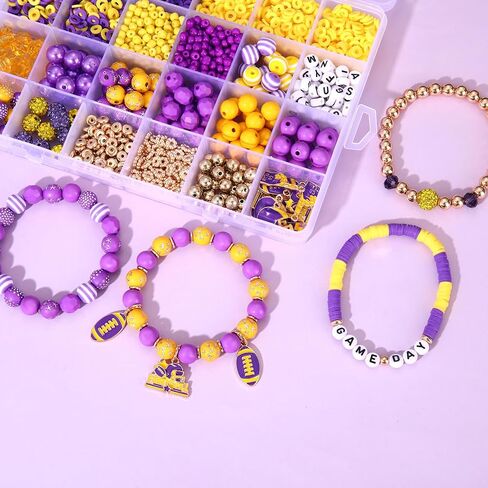 Game Day Beads for Bracelets Making Kit Heishi Clay Pearl Letter Assorted Round Bead Gold Spacer Beads Football Charms for DIY Bracelets Necklace Jewelry Making (Purple Yellow Game Day Kit) in Kuwait